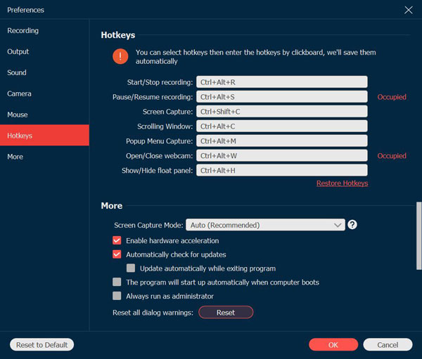 Preferencias de teclas de acceso rápido