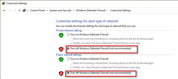 Turn off Windows Defender Firewall