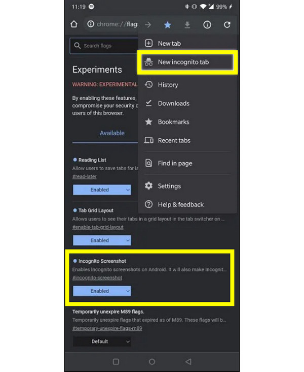 Autoriser les captures d'écran en mode navigation privée