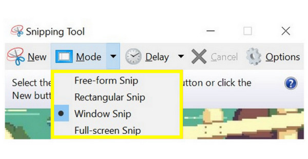 Ekran Alıntısı Aracı Yakalama Modunu Seçin