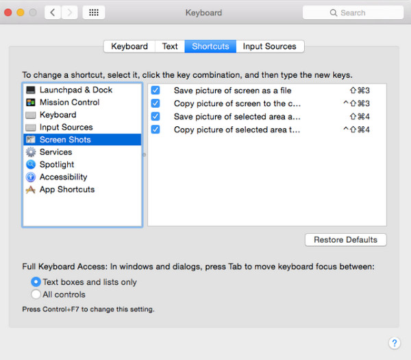 Ekran Görüntüsü Kısayol Ayarlarını Kontrol Edin