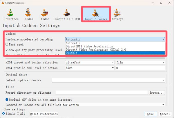 Disable Acceleration VLC