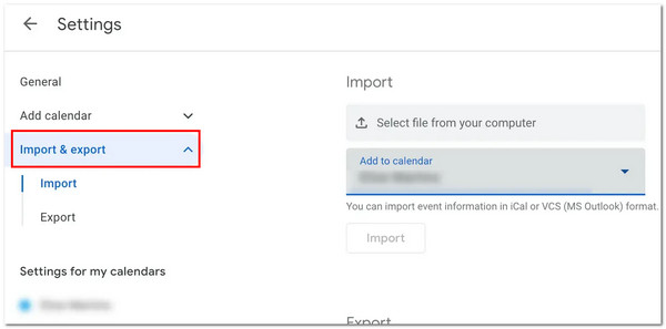 Selecione Importar Exportar