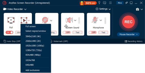 Velg opptaksområde Anyrec
