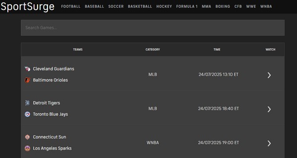 Sportsurge hoofdinterface