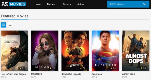Azmovies hoofdinterface