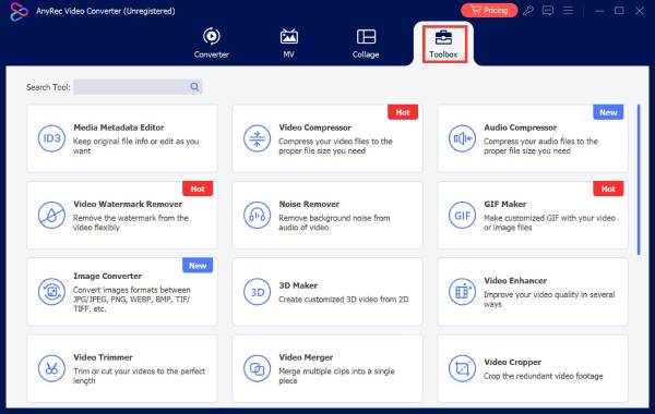 Interface de la boîte à outils