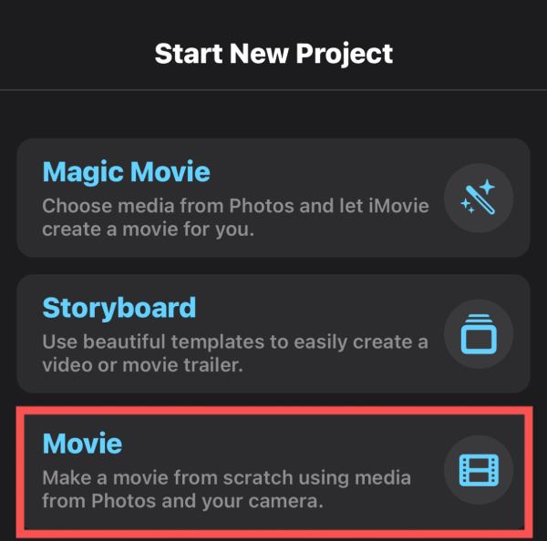 Rozpocznij nowy projekt iMovie