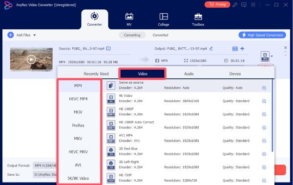 Videoformat AnyRec Video Converter
