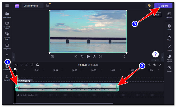 आयात करें, टाइमलाइन पर खींचें, ट्रिम करें, निर्यात करें