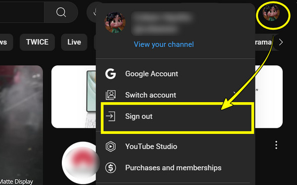 Odhlásit se a znovu se přihlásit na YouTube