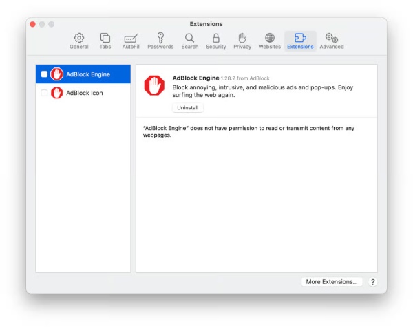 Erweiterungen auf dem Mac deaktivieren