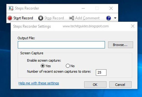 Juster innstillingene for Windows Steps Recorder